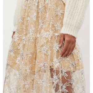 Maje Nude Tulle Midi Skirt with Silver Starburst Embroidery